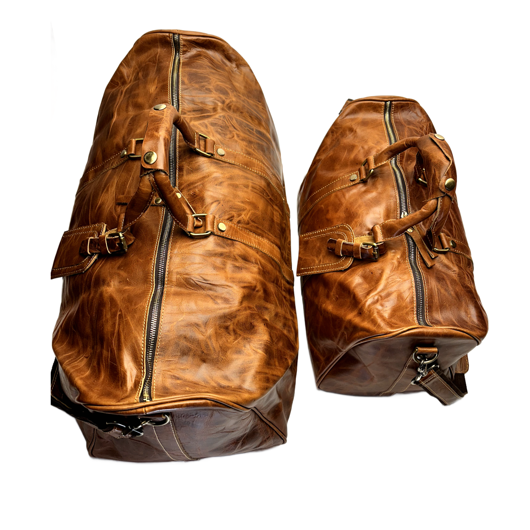 Leather Duffle Bag Set - Full Grain Leather Travel Bag - Cognac