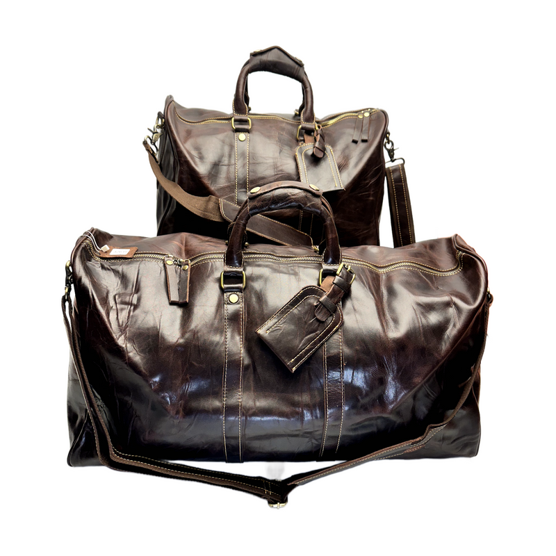 Leather Duffle Bag Set - Full Grain Leather Travel Bag - Dark Brown