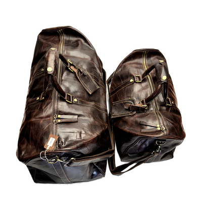 Leather Duffle Bag Set - Full Grain Leather Travel Bag - Dark Brown