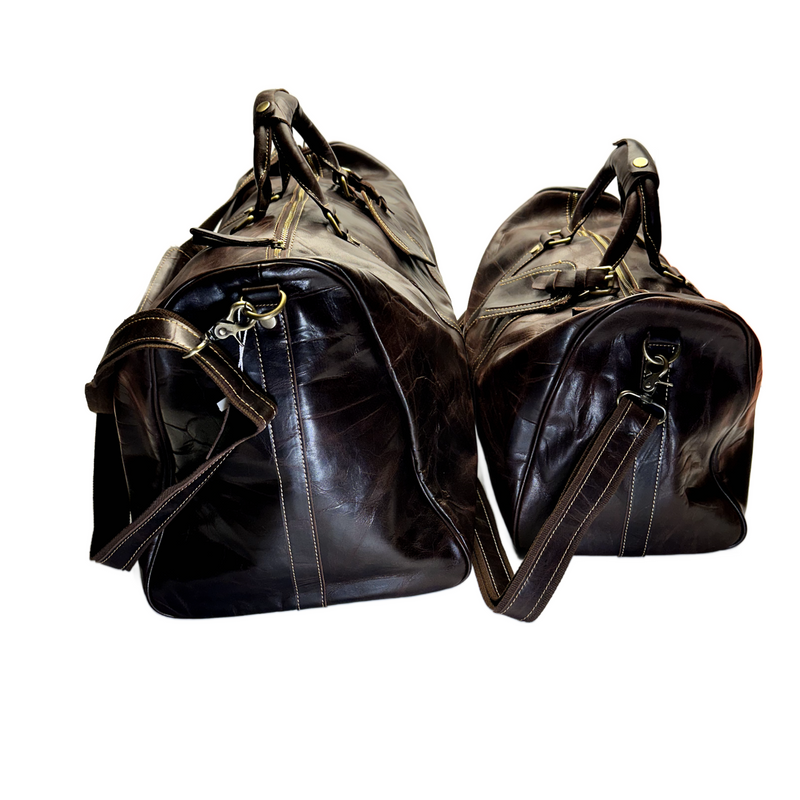 Leather Duffle Bag Set - Full Grain Leather Travel Bag - Dark Brown