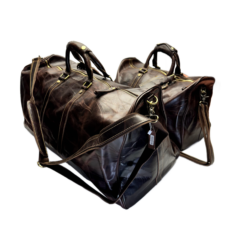 Leather Duffle Bag Set - Full Grain Leather Travel Bag - Dark Brown